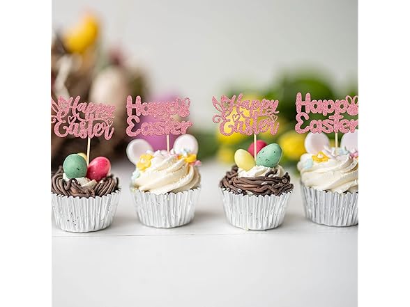 Gyufise 24Pcs Pink Glitter Easter Topper