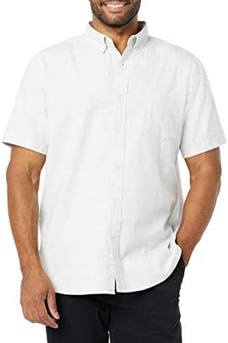Amazon Essentials Men's Slim-Fit Short Sleeve Stretch Oxford Shirt with Pocket, Light Grey Vertical Stripe, Large