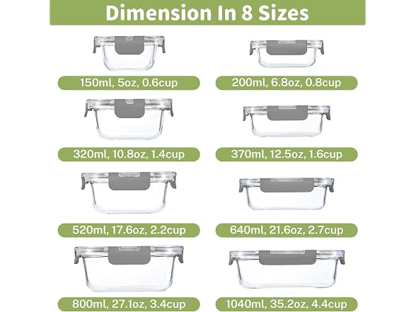 HOMBERKING 8pk Grey Glass Food Containers