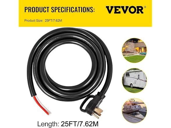 25' 50A RV Camp Power Cord Generator Cord 6/3