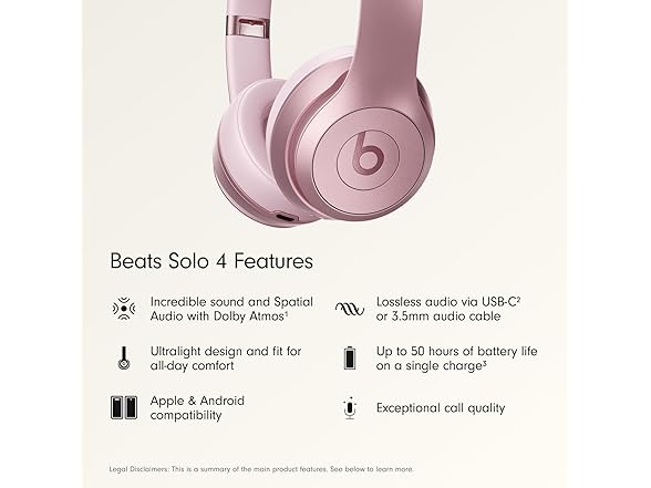 Beats Solo 4 - Wireless On-Ear Bluetooth Headphones, Up to 50-Hour Battery Life, Ultra-Lightweight Comfort, Powerful and Balanced Sound, Apple & Android Compatible - Amazon Exclusive Metallic Pink (Open Box)