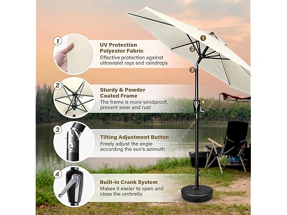 HealSmart 7.5ft Patio Umbrella with Push Button Tilt/Crank White