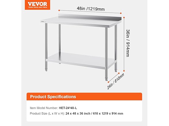 VEVOR 24 x 48 x 36 Inch Stainless Steel Work Table