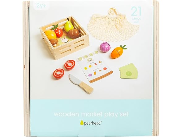 Pearhead Wooden Play Food Set – 21-Piece Pretend Kitchen Toy