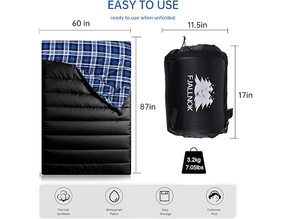 Blue/Black Flannel Queen Size Sleeping Bag