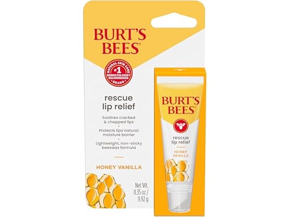 Burt's Bees Rescue Lip Relief, Honey Vanilla, Hydrating Lip Balm for Dry Cracked Lips, with Responsbily Sourced Beeswax and Shea Butter, 100% Natural Origin, 1 Squeezy Tube, 0.35oz