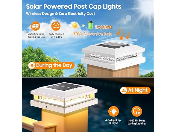 Bosceos Solar Post Cap Lights 6-Pack, 2 Modes
