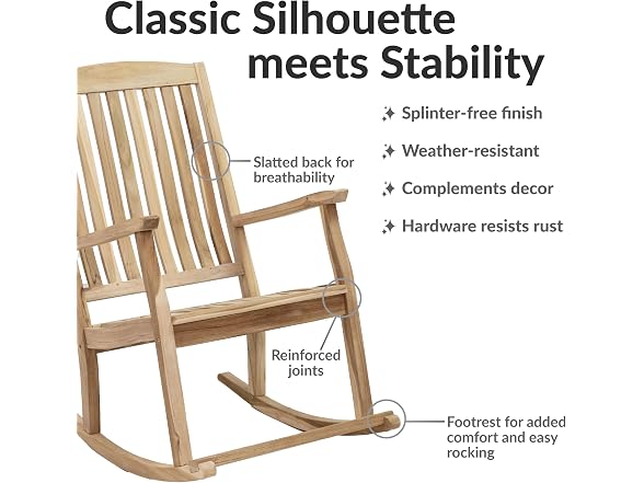 Sunnydaze Teak Outdoor Rocking Chair with Slatted Back