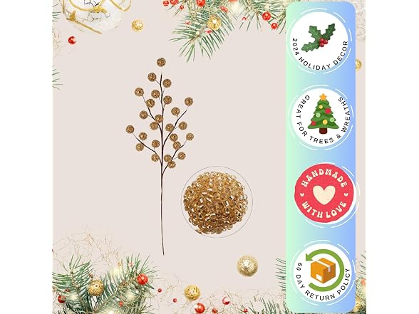 Larksilk 12 Gold Holly Berry Stem Picks - Déco