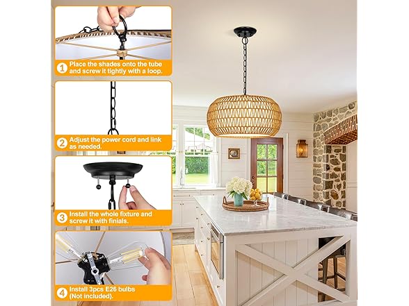 19" Rattan Chandeliers for Dining Room, Boho