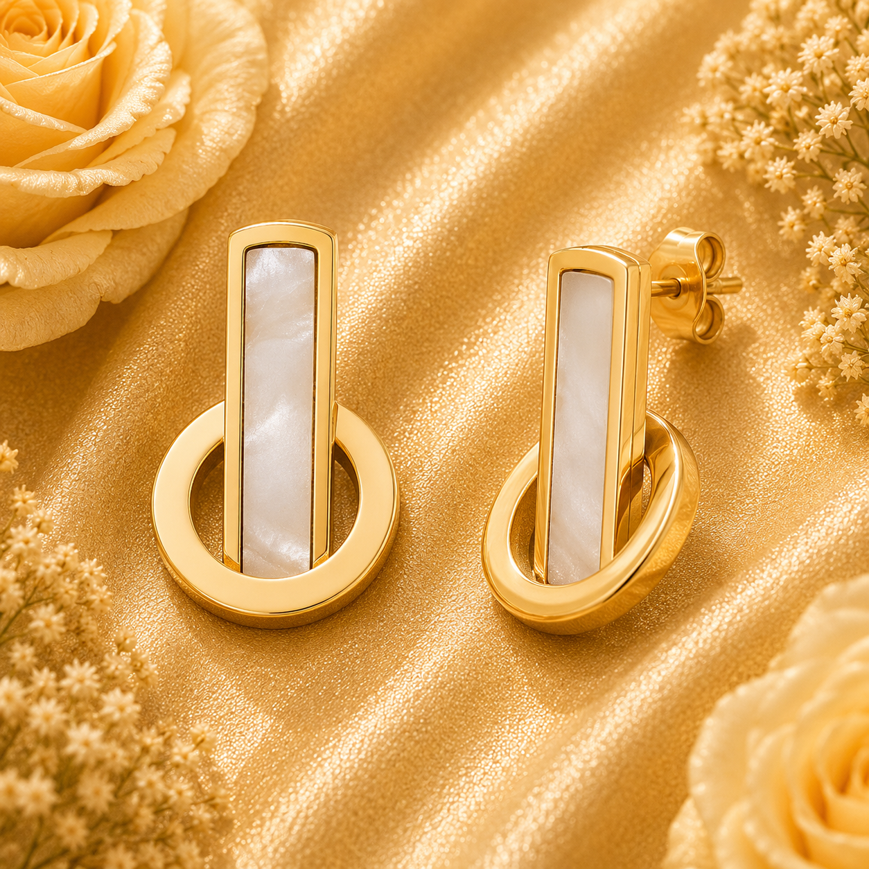 18K Gold Mother of Pearl Circle Drops - Gallery 5