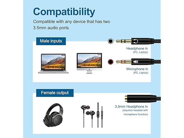 2-in-1 Y Aux Splitter Audio Cable Cord