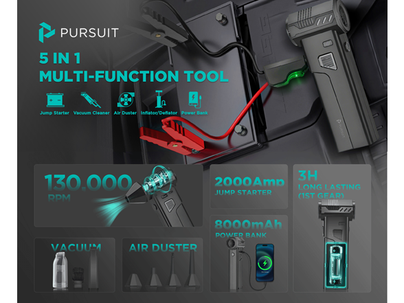 Pursuit R55 5-in-1 Jump Starter, Vac, Power Bank, Inflator
