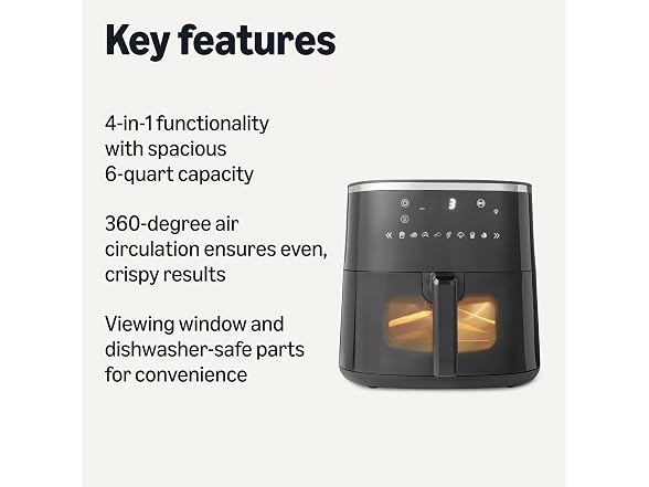 Amazon Basics 6-Quart Digital Air Fryer 1550W, Black