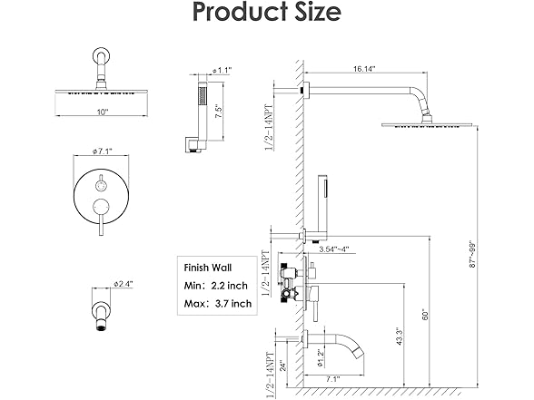 Gabrylly Shower System w/ Tub Spout, 3-Way Shower Valve