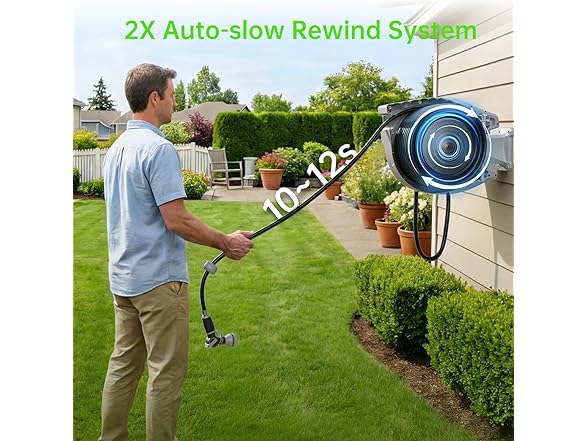 Retractable Garden Hose Reel 5/8 in x 100 ft, Heavy Duty Wall Mounted Water Hose Reel with 9-Pattern Nozzle, Any Length Lock, Automatic Slow Return System, 180° Swivel Bracket, UV Resistant (Open Box)
