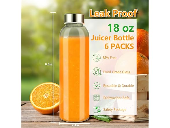 Zukro 18oz Glass Juice Bottles, 6 Pack