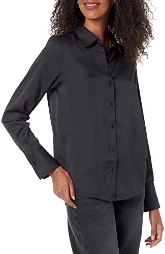 Amazon Essentials Women's Regular-Fit Satin Button Down Blouse (Available in Plus Size), Black, Medium