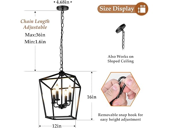 BrightHome Farmhouse Chandelier 4-Light, Black