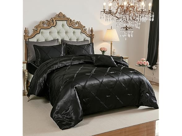 Black Pintuck Comforter Set Silky Satin Full