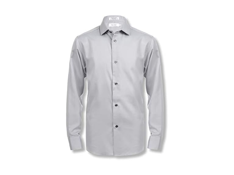 Calvin Klein Boys' Long Sleeve Sateen Dress Shirt, Button-Down Style with Buttoned Cuffs & Shirttail Hem, Grey, 10