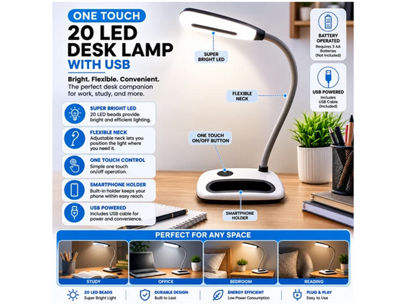 One Touch 20 LED Desk Lamp with USB