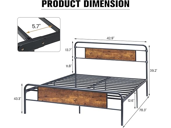 IDEALHOUSE Vintage 13" Full Bed Frame