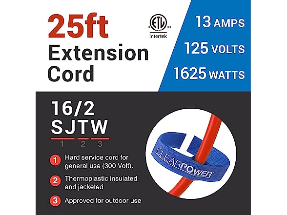 Clear Power 25ft 16/2 SJTW Outdoor Extension Cord