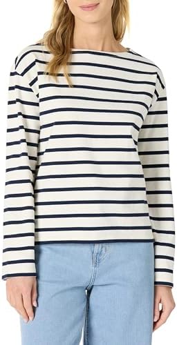 Amazon Essentials Women's 100% Cotton Heavyweight Long-Sleeve Boatneck Top, Eggshell White Navy Mariner Stripe, Small