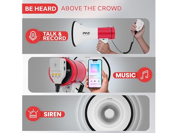 Pyle 50W Megaphone Bullhorn (White-Red)