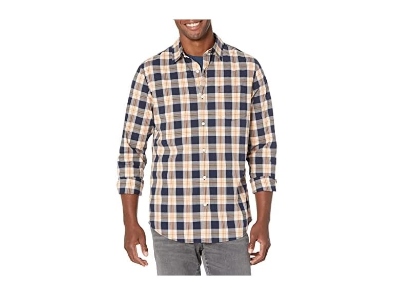 Amazon Essentials Men's Long-Sleeve Slim-Fit Stretch Poplin Shirt, Navy Peach Plaid, X-Large