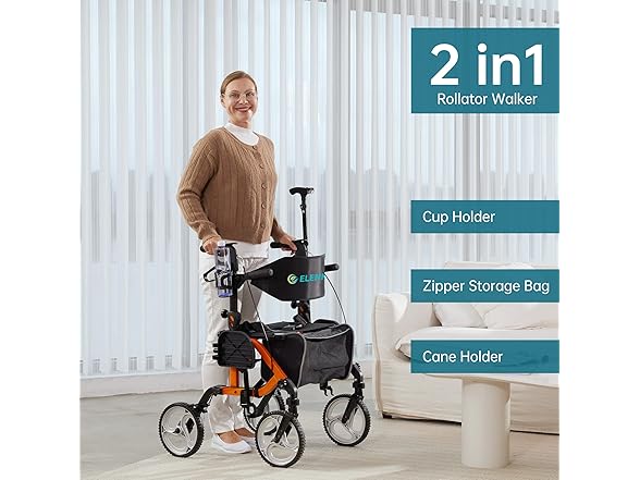 ELENKER 2 in 1 Rollator Walker & Transport Chair, Folding Wheelchair with 10” Non-Slip Wheels for Seniors, Reversible Backrest & Detachable Footrests, Orange (Open Box)
