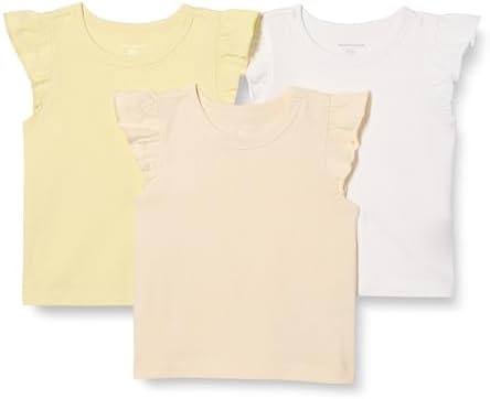 Amazon Essentials Girls' Sleeveless Ruffle T-Shirt, Pack of 3, Beige/Pale Yellow/White, X-Small