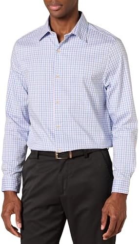 Amazon Essentials Dress Shirts, Button Down, Long Sleeve, Regular-Fit Stretch, Blue White Grid Check, Large