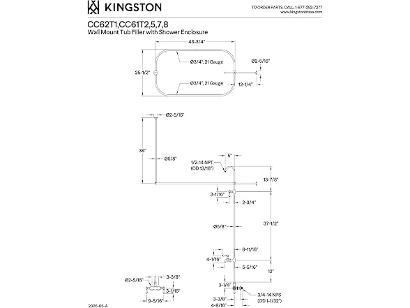 Kingston CC61T7 Tub Wall Mount Tub Faucet, Brass