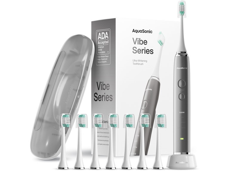 AquaSonic VIBE UltraSonic Whitening Toothbrush w/ 8 DuPont Brush Heads & Case Charcoal
