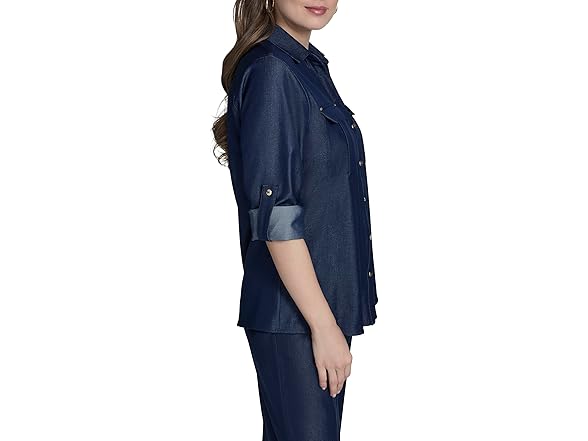 Halston Women (XS) Roll-tab Sleeve Denim-like Top