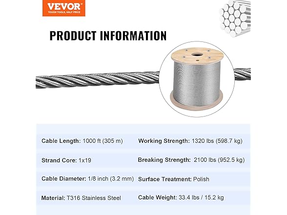 T316 1x19 Stainless Steel Cable 1/8" Cable Rail Wire Rope Aircraft Cab