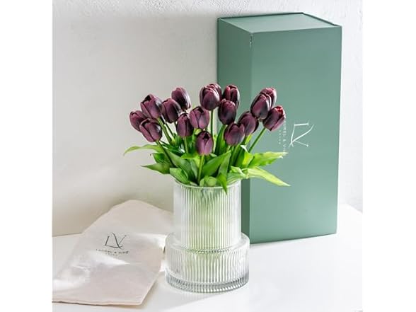 Purple Tulips with Vase Ribbed Glass