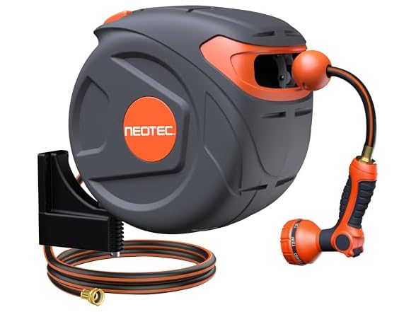 NEOTEC Retractable Garden Hose Reel 1/2 in x 65 Ft Wall Mounted, Lightweight & Durable, 9-Function Sprayer Nozzle, Any Length Lock, Slow Return & 180° Swivel (Open Box)