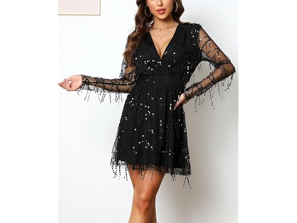 Dgmyg Women (M) Sexy V Neck Sequin Glitter Dress