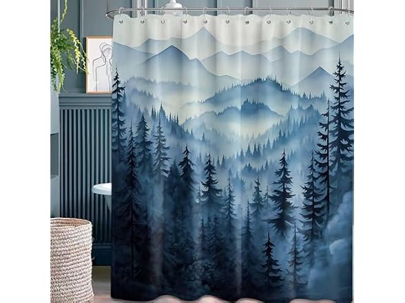Navy Blue Forest Shower Curt Dark Mountain