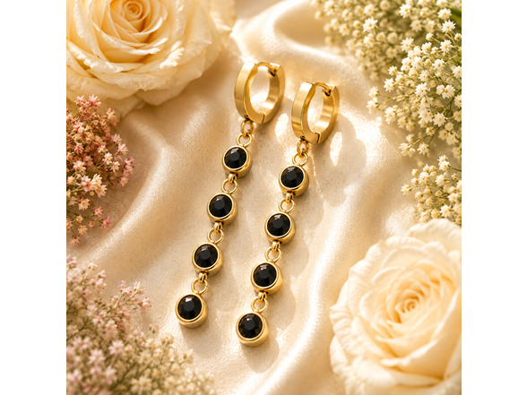 18K Gold Black Stone Drop Huggies