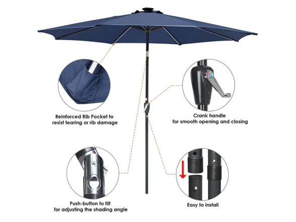 Yescom Solar Umbrella w/ Lights Tilt Market Umbrella 10ft 8-Rib