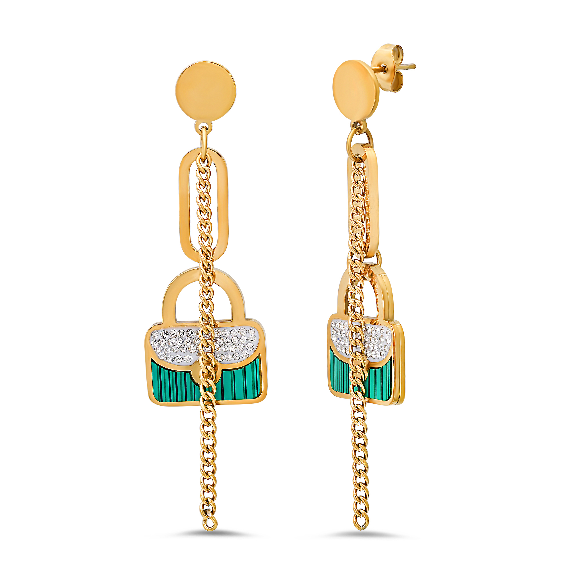18K Gold Padlock Chain Drop Earrings - Gallery 4