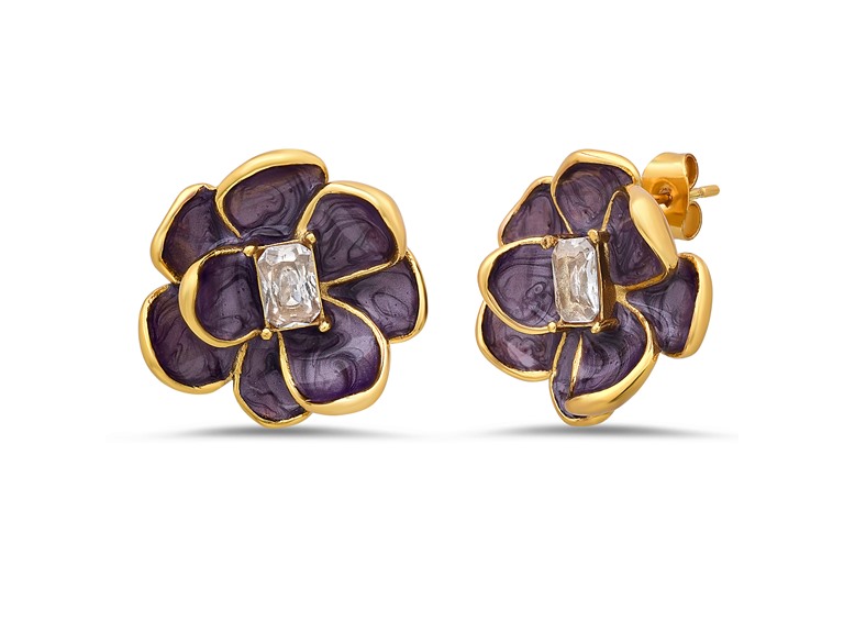 18K Gold Purple Floral Crystal Studs