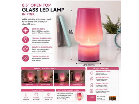 Brightside 8.5" Open Top Glass LED Lamp in Pink