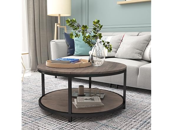 Round Coffee Table, 36 Inch 2-Tier