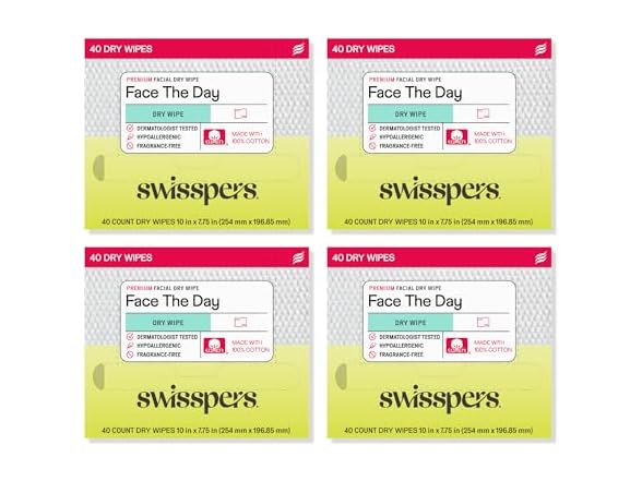 Swisspers Premium 100% Cotton Dry Facial Wipes 40 Count
