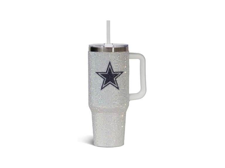 The Memory Company Officially Licensed NFL 40oz Stainless Steel Tumbler - Double Wall Insulated Travel Cup with Handle and Straw Lid - Crystal Rhinestone Design
